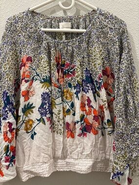 Anthropologie White Tunic with Colorful Floral Bouquet